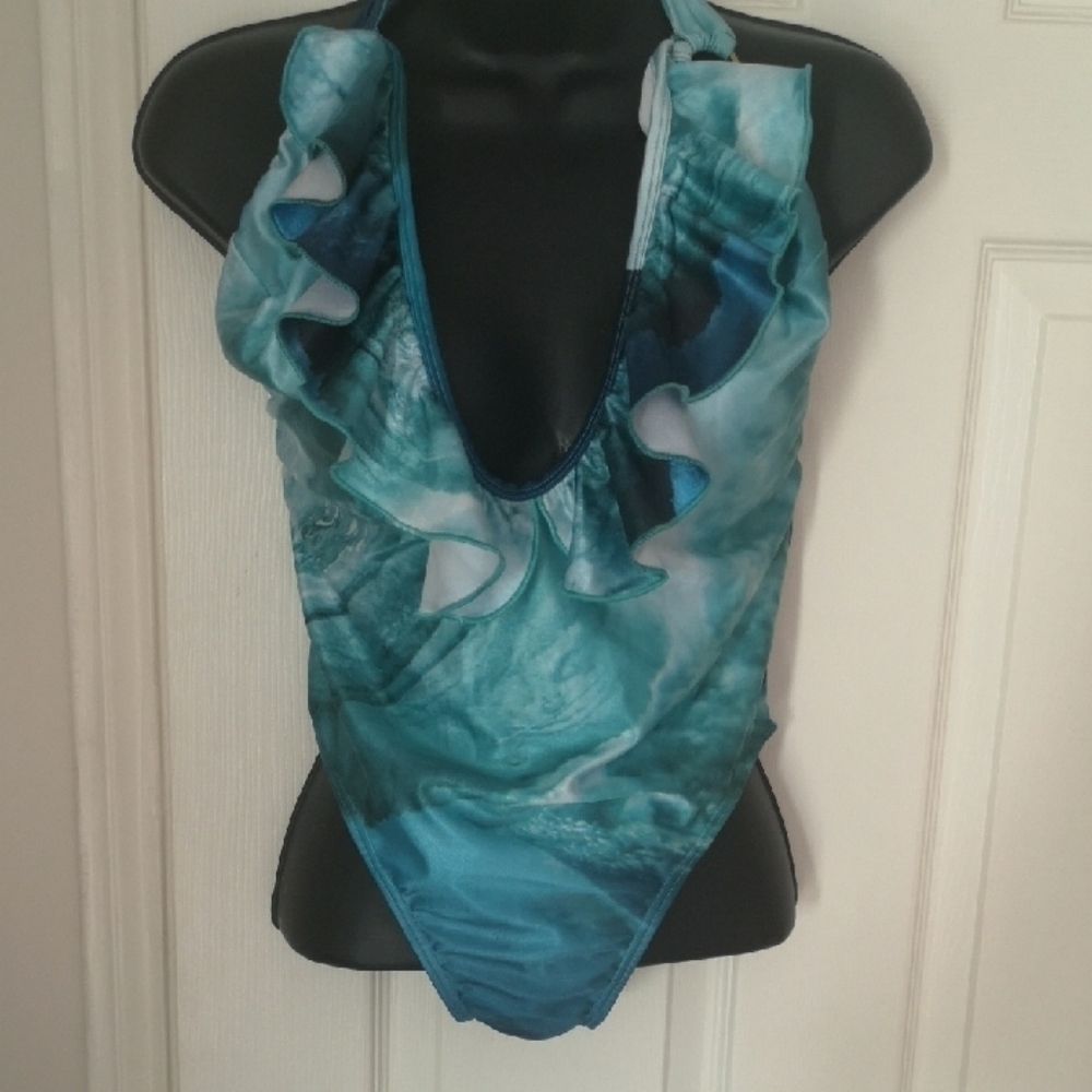 Elegant Blue Ruffled One-Piece Swimsuit